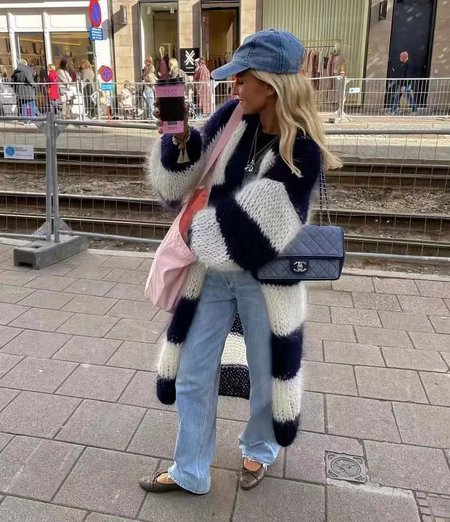 

Women Wool/Knitting Color Block Long Sleeve Comfy Casual Cardigan, Navy blue, Sweaters