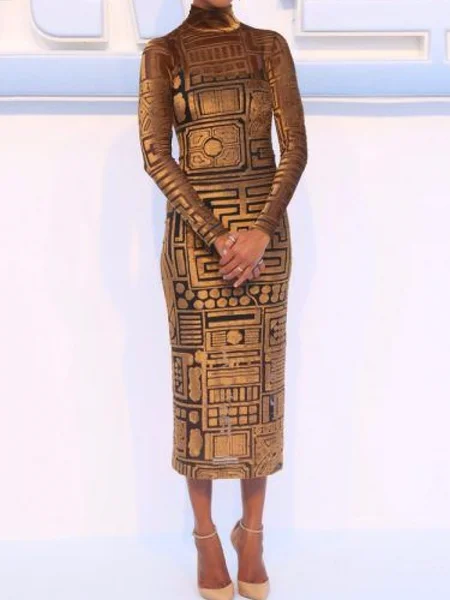 

High Elasticity Tight Elegant Geometric Regular Sleeve Turtleneck Long Sleeve Midi Dress, As picture, Midi Dresses