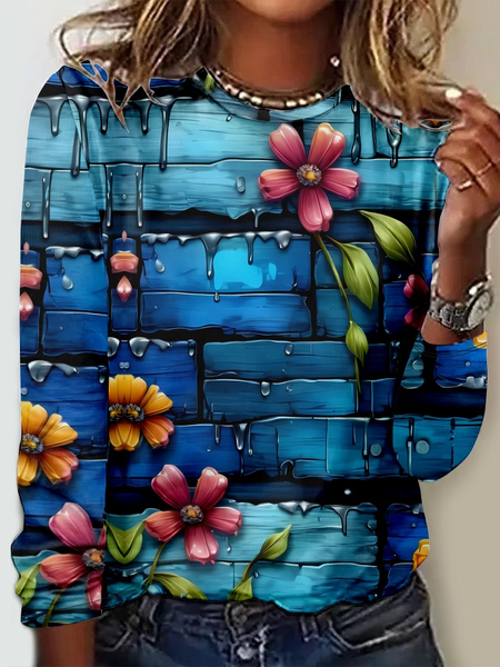 

Casual Floral Crew Neck Long Sleeve T-shirt, Blue, T-shirts