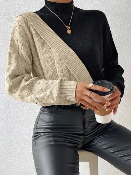 

Women's Spring/Fall Color Block Casual Long Sleeve Turtleneck Yarn/Wool Yarn Sweater, Khaki, Sweaters