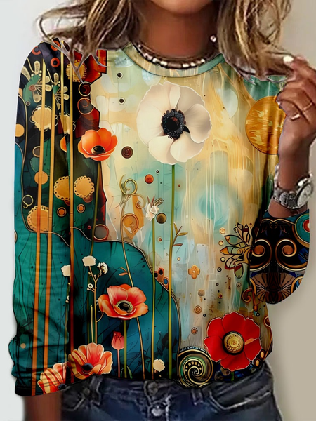 

Casual Floral Crew Neck Long Sleeve T-shirt, Multicolor, T-shirts