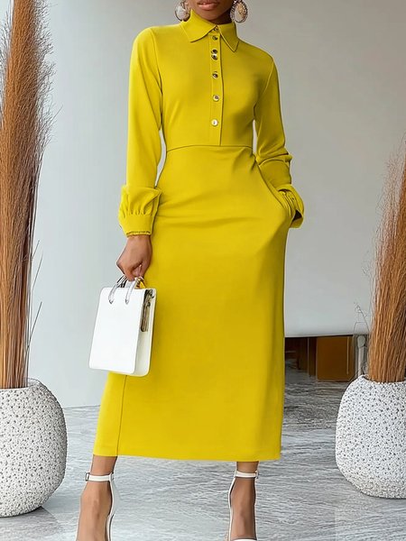 

Regular Fit Shirt Collar Urban Long Sleeve Dress, Yellow, Maxi Dresses