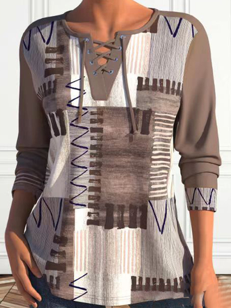 

Women's Long Sleeve Blouse Spring/Fall Geometric Jersey Daily Going Out Casual Top, Brown, Shirts