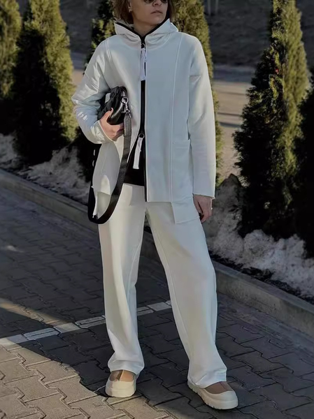 

Women Plain Long Sleeve Comfy Casual Coat With Pants Two-Piece Set, White, Sets