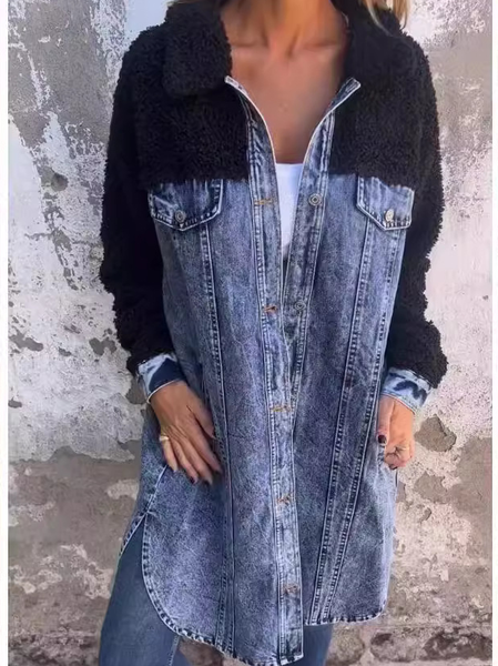 

Women's Spring/Fall Outerwear Casual Denim Color Block Long Sleeve Shawl Collar Jacket, Denim blue, Jackets