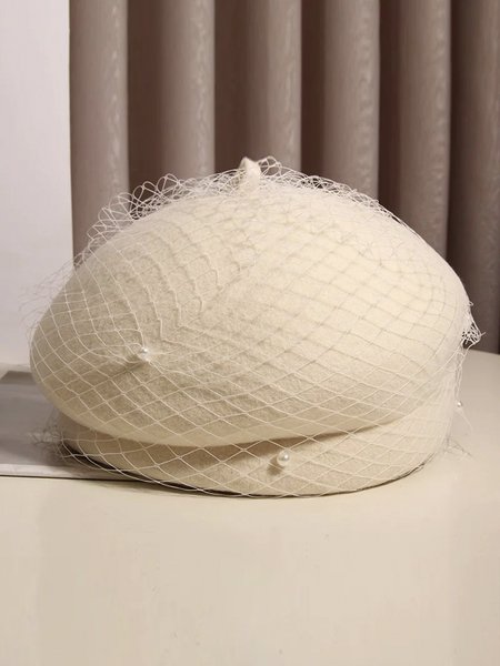 

Elegant Retro Pearl Mesh Woolen Beret, White, Hats
