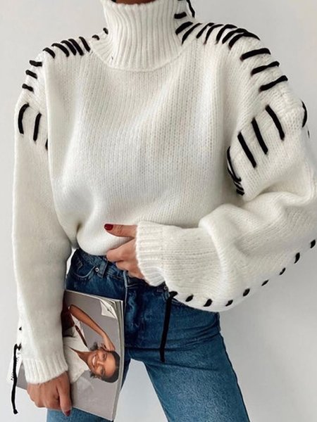 

Urban Regular Sleeve Turtleneck Plain Sweater, White, Pullovers