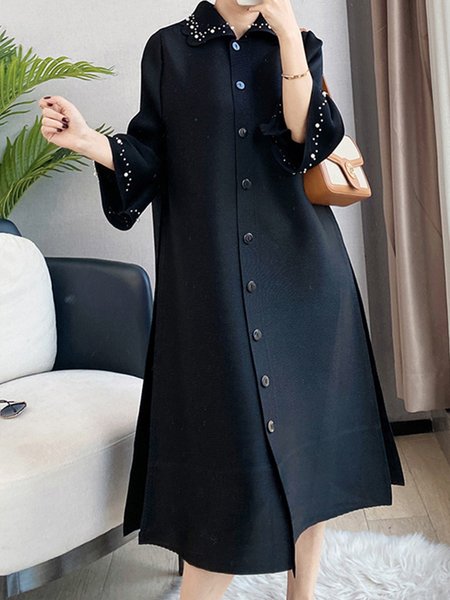 

Three Quarter Sleeve Long Elegant Shirt Dress, Black, Midi Dresses