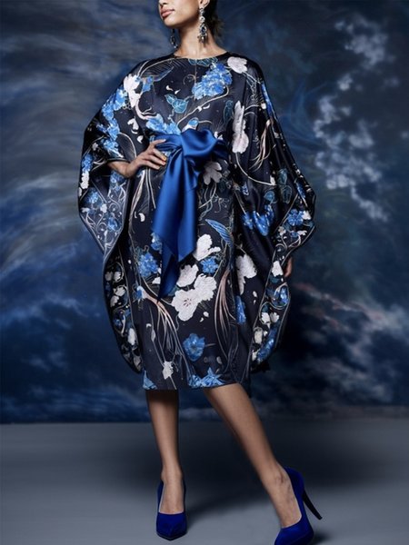 

Bow Regular Sleeve Loose Crew Neck Elegant Dress With Belt, Blue, Midi Dresses