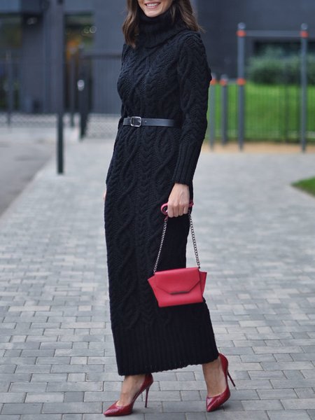 

Regular Fit Plain Urban Turtleneck Sweater Dress With No Belt, Black, Maxi Dresses