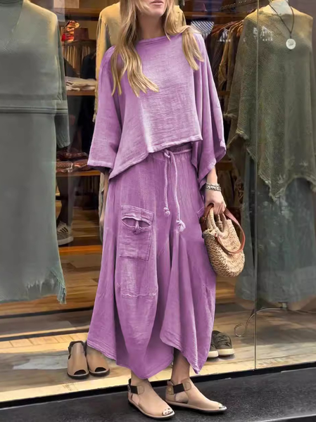 

Women Plain V Neck Three Quarter Sleeve Comfy Casual Top With Pants Two-Piece Set, Purple, Sets