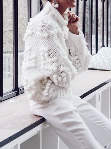 

Elegant Turtleneck Plain Long Sleeve Loosen Sweater, White, Pullovers
