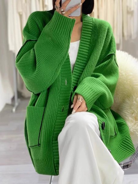 

Raglan Sleeve Plain Casual Cardigan Sweater, Green, Cardigans