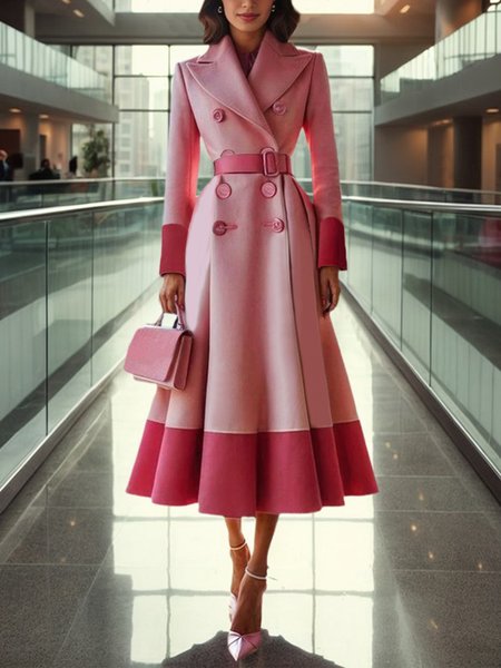 

Regular Fit Elegant Regular Sleeve Color Block Coat With Belt, Pink, Coats