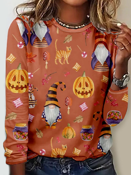 

Casual Floral Crew Neck Long Sleeve T-shirt, Orange red, T-shirts