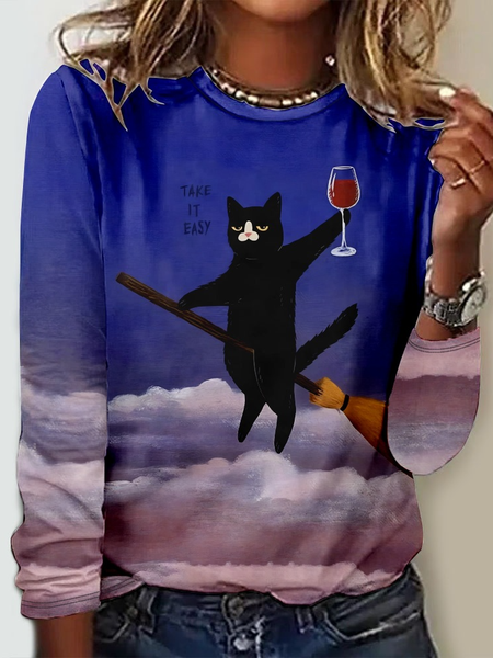 

Cat Crew Neck Casual Long Sleeve Shirt, Blue, Long sleeves