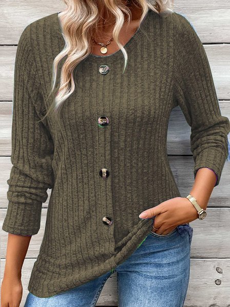 

Women's Long Sleeve Tee T-shirt Spring/Fall Plain Buckle Crew Neck Daily Going Out Casual Top, Army green, T-Shirts