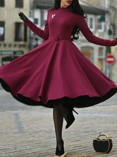 

Plain Elegant Regular Fit Stand Collar Dress With Belt, Red, Midi Dresses