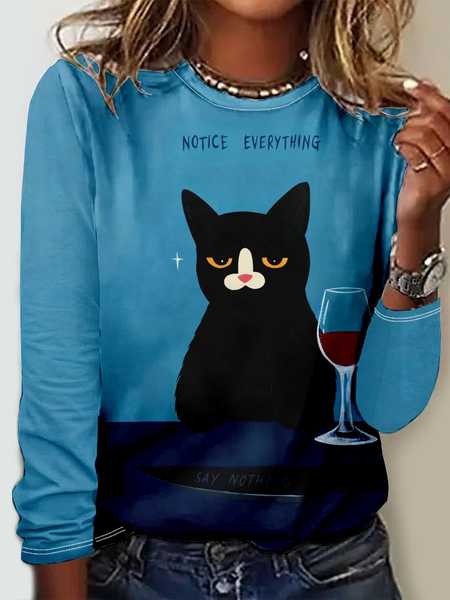 

Funny Cat Casual Crew Neck Long Sleeve Shirt, Blue, Long sleeves