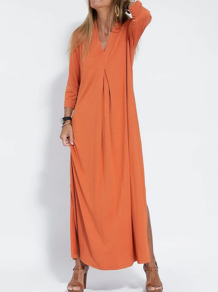 

Women Plain V Neck Long Sleeve Comfy Casual Midi Dress, Orange, Dresses