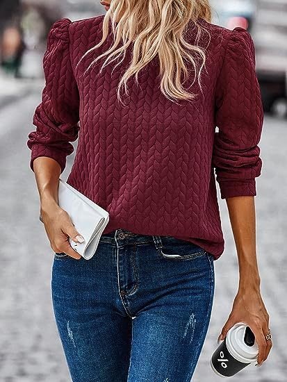 

Crew Neck Long Sleeve Plain Regular Micro-Elasticity Loose Blouse For Women, Wine red, Blouses