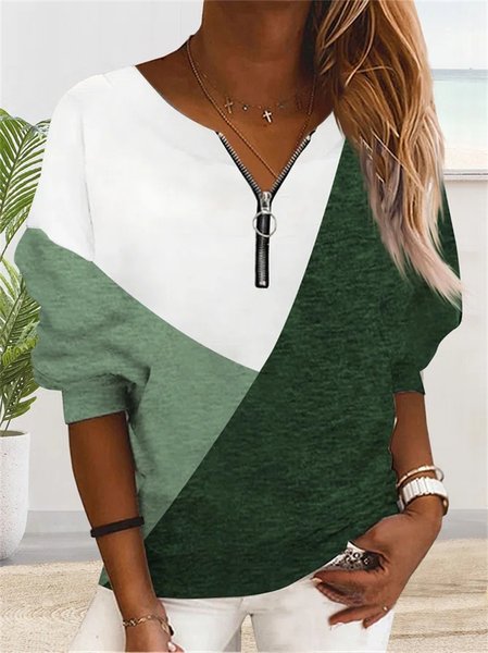 

Casual Crew Neck Color Block Sweatshirt Zipper, Green, Hoodies & Sweatshirts