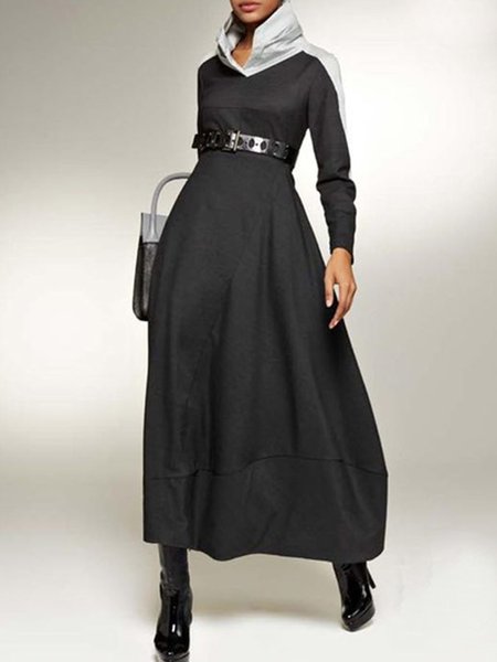 

Long Sleeve Urban Stand Collar Loose Dress With No Belt, Black, Maxi Dresses