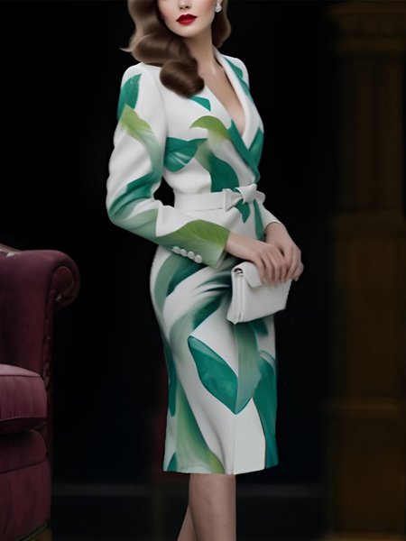 

Botanical Pattern Regular Fit Elegant Shawl Collar Dress With Belt, Green, Midi Dresses