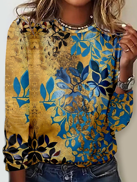 

Casual Floral Crew Neck Long Sleeve T-shirt, Blue, T-shirts