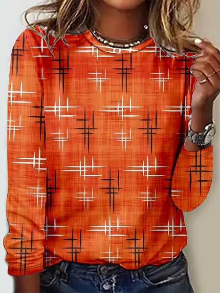

Casual Geometric Crew Neck Long Sleeve T-shirt, Orange, T-shirts