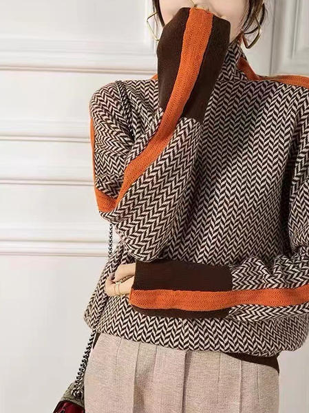 

Women's Spring/Fall Geometric Casual Long Sleeve Turtleneck Yarn/Wool Yarn Sweater, Orange, Sweaters