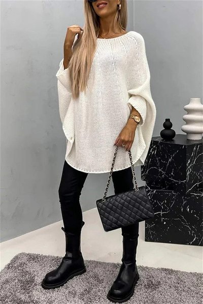 Women's Winter Plain Casual Long Sleeve Crew Neck Yarn/Wool Yarn Sweater, White, Sweaters