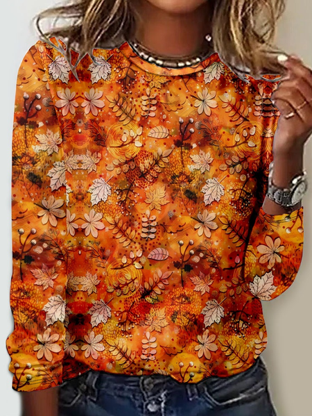 

Casual Floral Crew Neck Long Sleeve T-shirt, Orange, T-shirts