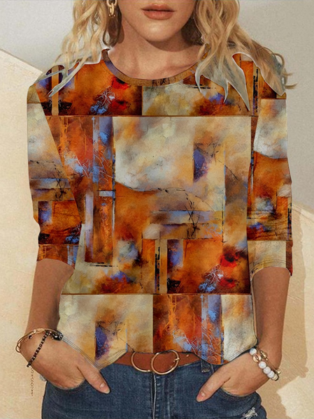

Casual Geometric Crew Neck Long Sleeve T-shirt, Khaki, T-shirts
