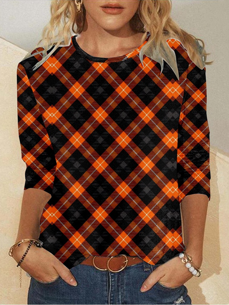 

Casual Plaid Crew Neck Long Sleeve T-shirt, Orange, T-shirts