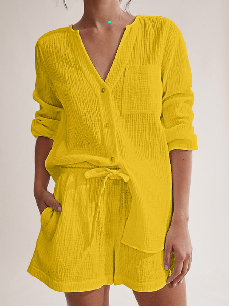 

Women Plain V Neck Long Sleeve Comfy Casual Zipper Top With Pants Two-Piece Set, Yellow, Sets