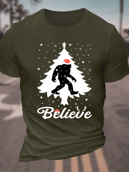 

Santa Bigfoot Believe Christmas Tree Cotton T-Shirt, Army green, T-shirts