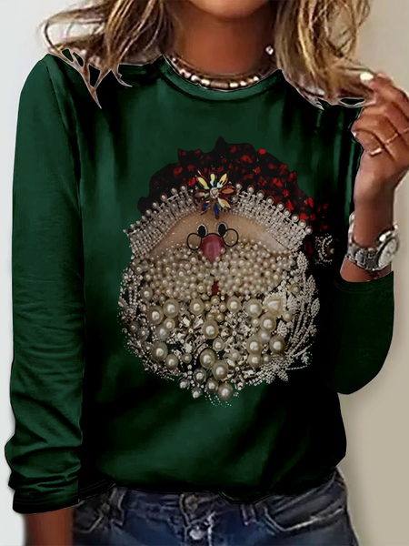 Casual Christmas Crew Neck Long Sleeve T-shirt, Green, T-shirts