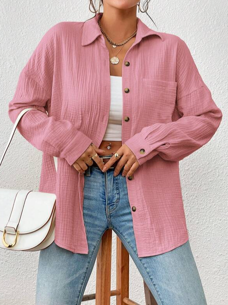 

Shirt Collar Long Sleeve Plain Regular Loose Shirt For Women, Pink, Shirts