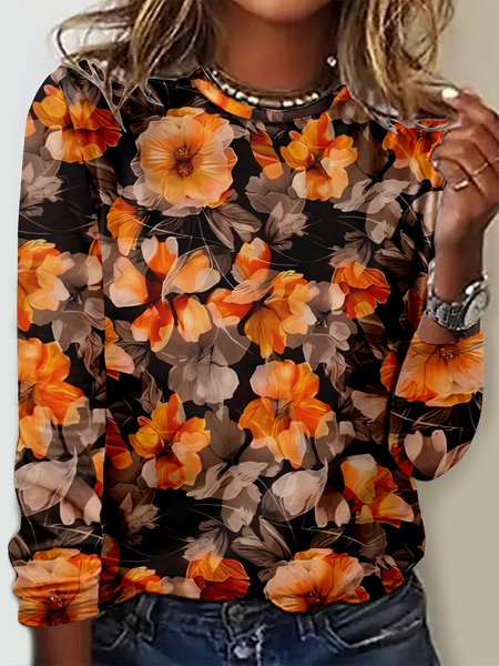 

Casual Floral Crew Neck Long Sleeve T-shirt, Orange, T-shirts