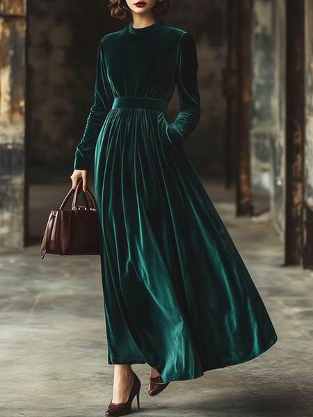 Elegant Regular Fit Crew Neck Velvet Long Sleeve Dress, Green, Maxi Dresses