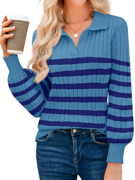 Plain Balloon Sleeve Casual Regular Fit Sweater, Blue, Sweaters