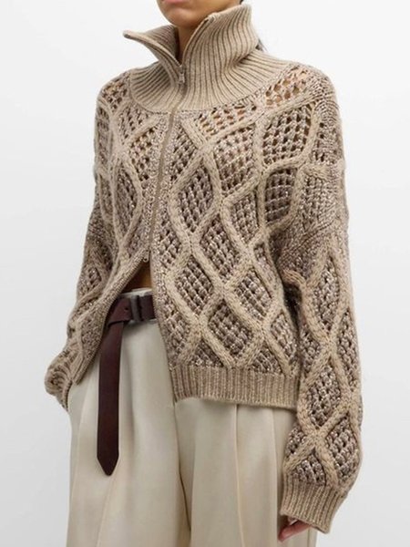 

Regular Sleeve Loose Turtleneck Urban Sweater Cardigan, Khaki, Cardigans