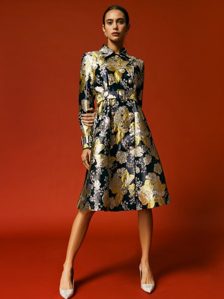 

Elegant Jacquard Coat with Belt, As picture, Coats