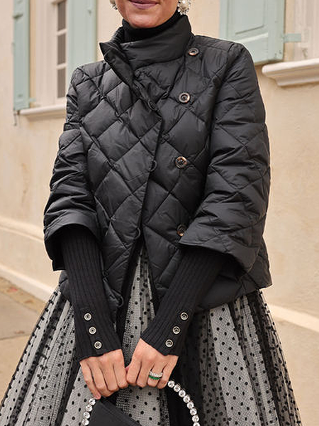 

Loose Casual Regular Sleeve Stand Collar Three Quarter Sleeve Padded Jacket, Black, Padded Jackets