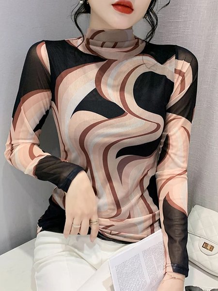 

Random Print Mock Neck Printing Urban Long Sleeve T-Shirt, As picture, Tees