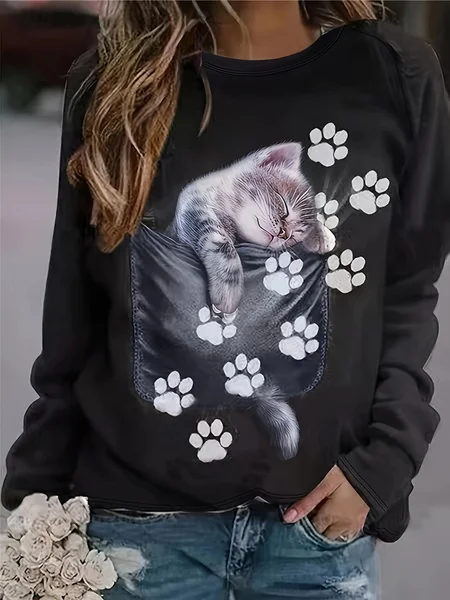 

Cute Cat Design Round Neck Casual Sweatshirt, Black, Hoodies&Sweatshirts