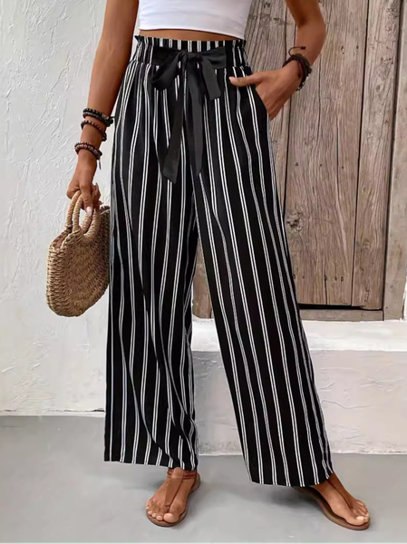 

Striped Casual Loose Pants, Black, Pants