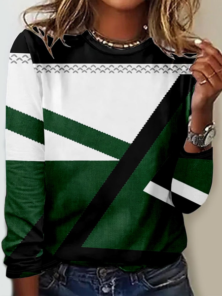 

Casual Geometric Crew Neck Long Sleeve T-shirt, Green, T-shirts