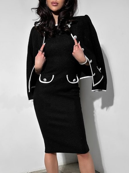 

Urban Split Joint Color Block Crew Neck Dress, Black, Midi Dresses